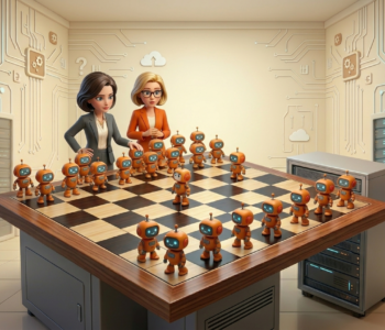 Animated Greta and Claire (the co-hosts) looking with concern at robots as pawns on a chess board. Its an analogy of the title of the episode Pawns or Players? The Future of AI